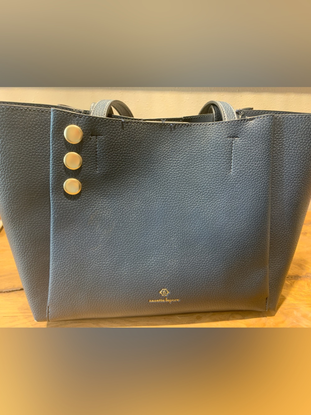 Nanette Lepore Navy Pebbled Vegan Leather Tote with Gold Buttons & chain closure